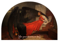A dark, gothic-style painting (Death and the Maiden by Marianne Stokes) showing a winged grim reaper-like figure beside a woman.  The scene is framed in a semi-circular border, with the text '[fix your hearts or die]' at the bottom.