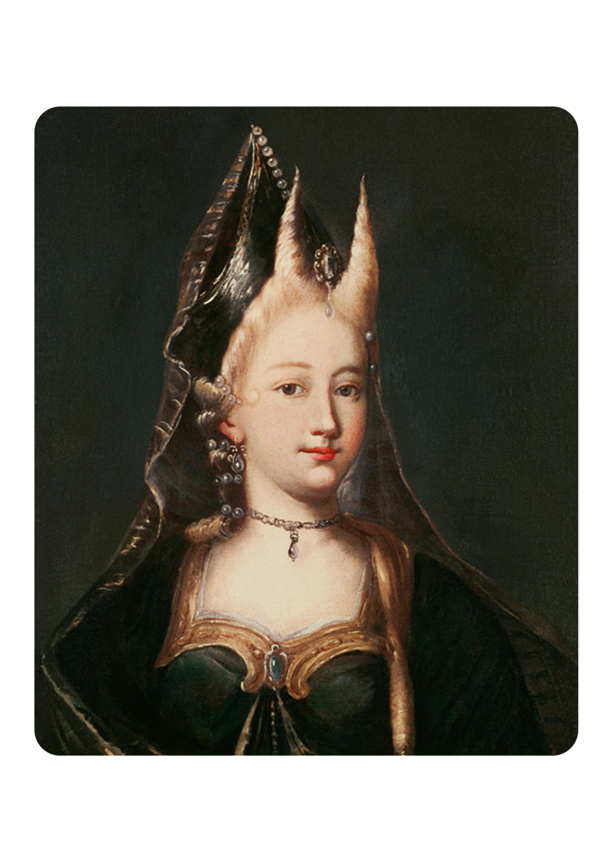 The painting "The Horned Witch"- a portrait of a woman in a green dress, with her hair done up like horns in the front of her head. 