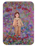 An illustration of a little girl dressed as a clown on a colorful background, with the text "They're all gonna laugh at you!" 