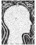 Black and white illustration of a human head silhouette filled with a maze, featuring a question mark in the center and handwritten text in the upper corners that says "Is there no way out of the mind?"
