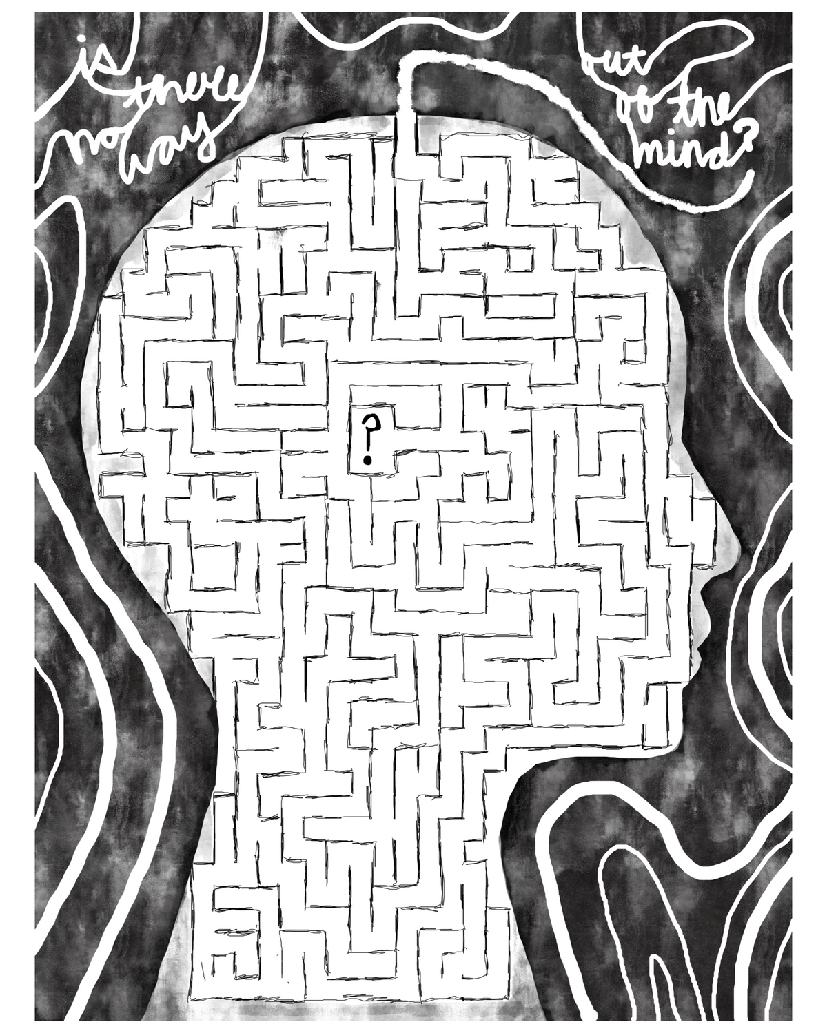 Black and white illustration of a human head silhouette filled with a maze, featuring a question mark in the center and handwritten text in the upper corners that says "Is there no way out of the mind?"
